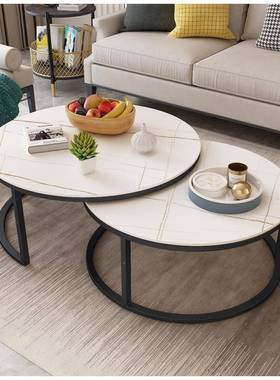 意式岩板轻大理石圆形茶几客31233组合约现代小户型家用简厅奢子