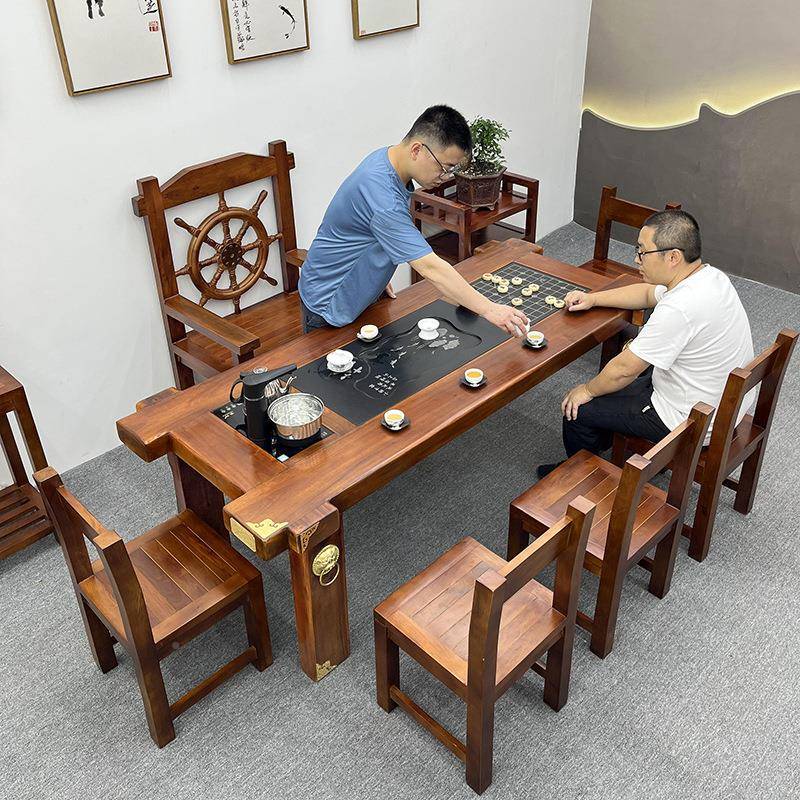实木茶桌椅组合一桌五椅公室轻奢体办套家装用茶几老船SZR木一泡