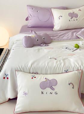 可爱卡通凉夏季双ZBT面天丝冰丝夏水凉被小象贴布绣薄可洗感丝滑