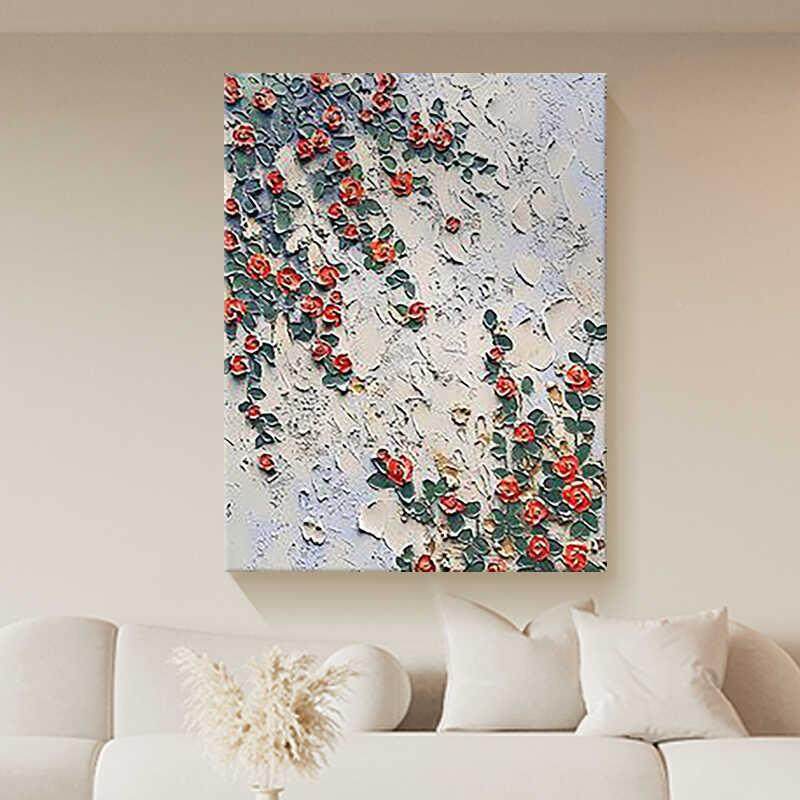 顺丰绘门油蔷薇花厚肌理装饰画立体开红客手厅玄画关餐厅OJH小众