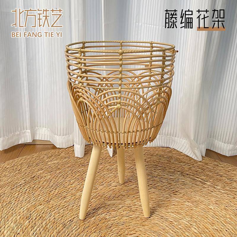 藤编花架手工花篮客厅室内草编木约NTL编织创意原质木简草篮编花