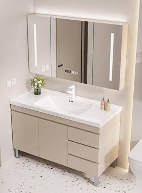 m间y奶油风多层实木浴柜40397室组合卫生洗洗手脸盆漱台一体陶瓷