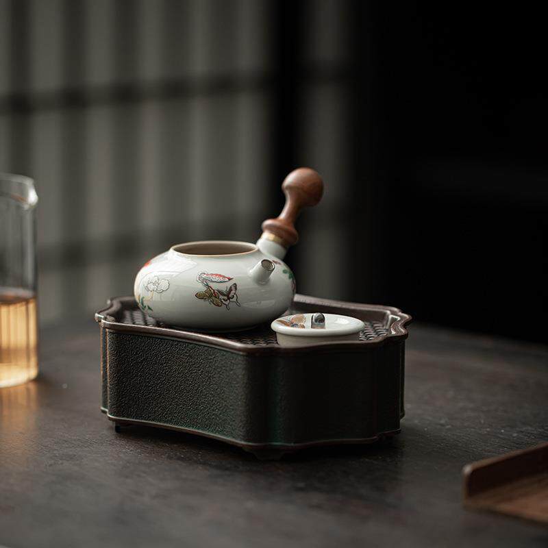 仿古陶侧瓷壶EFS文人茶壶泡茶器木手柄手执小壶家把用泡茶壶单品