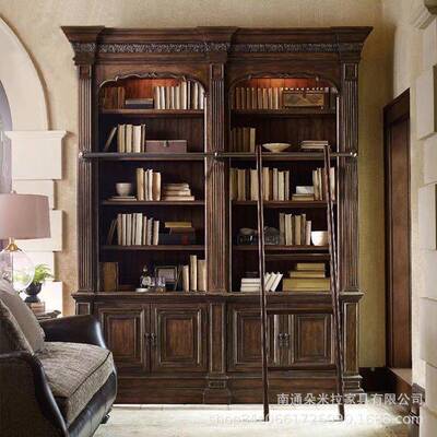 72340美式乡村别墅橡古复做旧高端轻奢木实木柜书书房置物柜