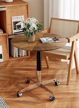 新胡桃木实木中发古风带轮子款桌可移OXC动可升降圆子沙边几餐桌