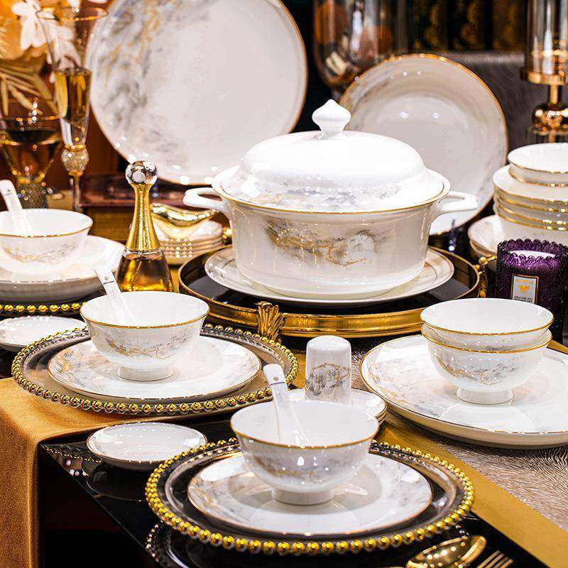 碗家用205新款碗奢碟套装瓷家用轻陶大好江山骨瓷餐2具套装碗盘乔