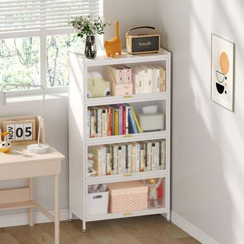 地家用钢制书柜防尘铁艺书架落多层带门物储柜儿童书202504-C房收