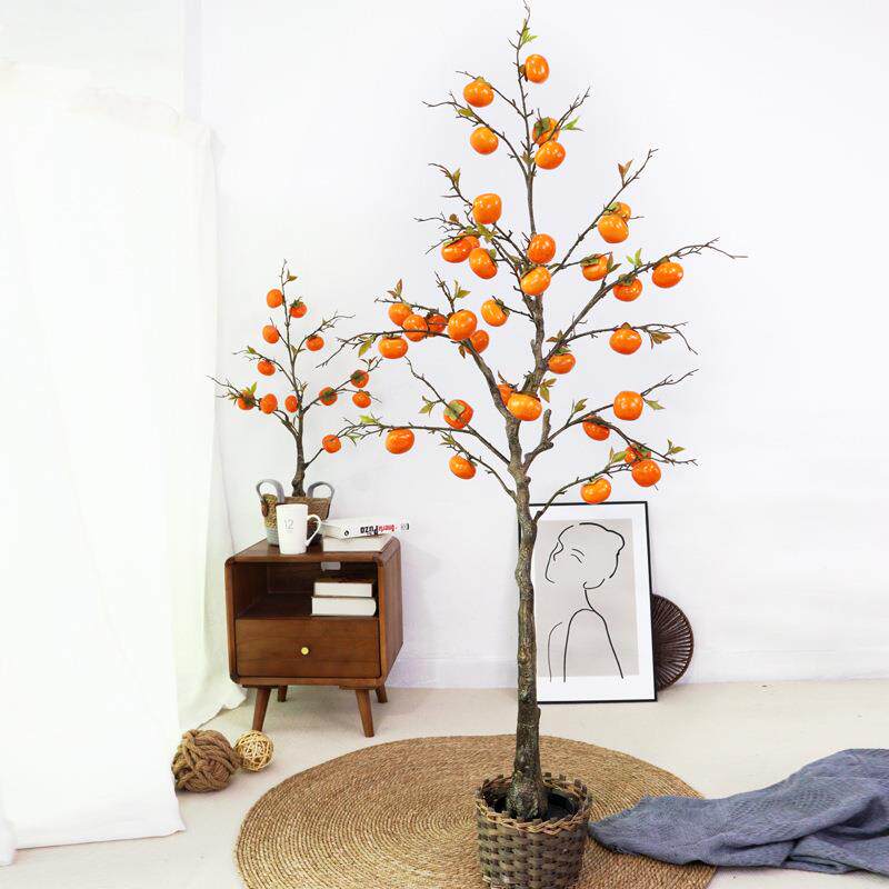 仿真柿子树室内客厅绿假落地植摆仿真柿子件红果子新年装饰厂仿真