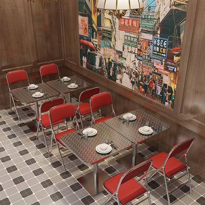 茶厅餐不锈钢餐桌店椅组合茶ECR大排档工业风桌子折叠奶椅折叠便