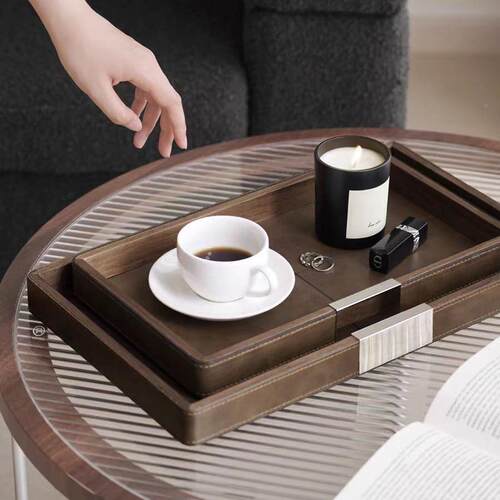 托轻木奢高档托盘复古日式胡桃木LOX盘茶皮质盘家用餐具盘杯收纳