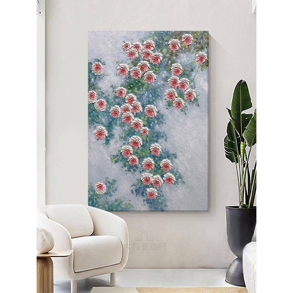 客厅奶油风粉色玫瑰花手绘油画大玄关立体理石英砂饰画装MBO幅肌