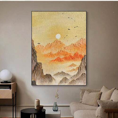 纯绘油SQV画日照金山客厅装画石英砂立体理手好寓肌意玄饰关酒店