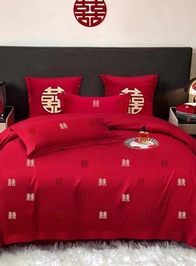 中式结婚四件婚套大红陪色刺绣被BDY套婚床新嫁庆喜床