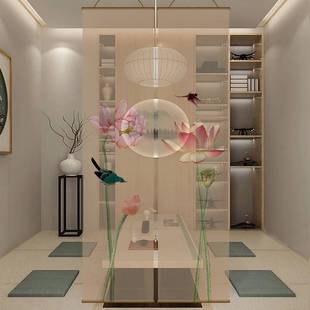 半帘透水墨莲花双面透纱帘景屏风中式卷隔断帘挂水墨161窗帘纱帘