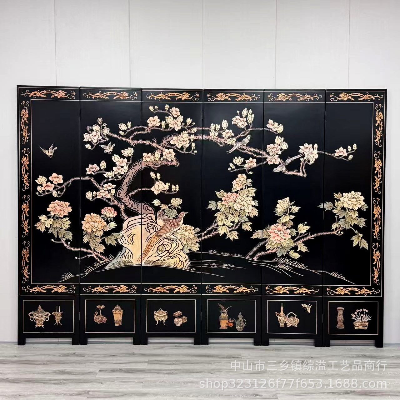 高端黑色手绘花鸟屏风隔断奢华入户玄关欧美风格客厅装饰现货现卖