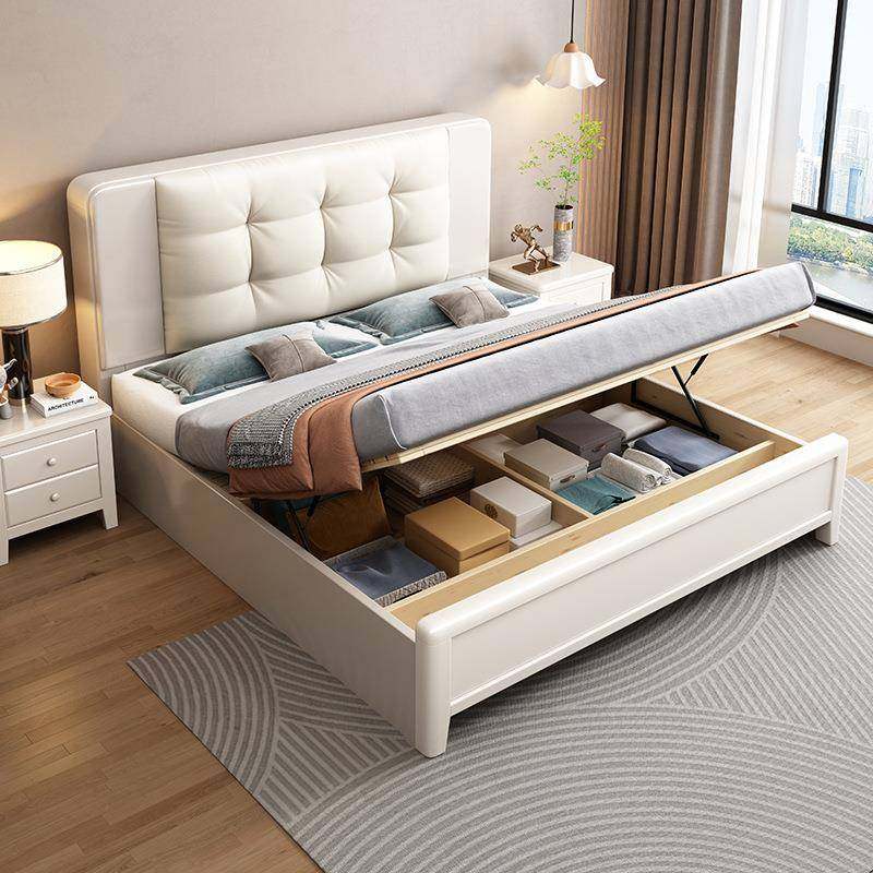 意式极简型白色实木床主卧1.米中式双人.床15米8经济橡木储物HMJ0