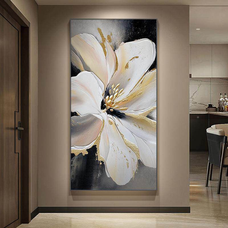 顺轻奢牡丹手绘油丰花画玄关挂画档肌WHL理卉高画入户走廊过道挂