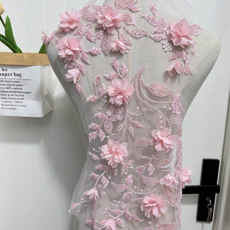 粉色立体花钉ZFO珠花蕾丝d边布面料绣婚纱礼服裙摆装饰手工刺iy材