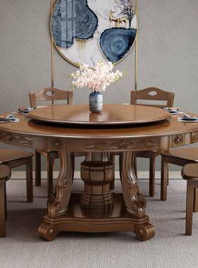 实木用餐桌椅组大HMJ圆桌0合圆桌中式小户圆型餐厅家吃饭餐桌椅子