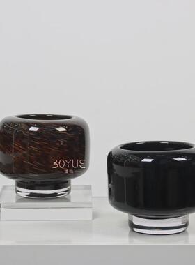 中古风黑色大口琉璃花瓶家居摆件简约异形样板间客厅桌面插花花器