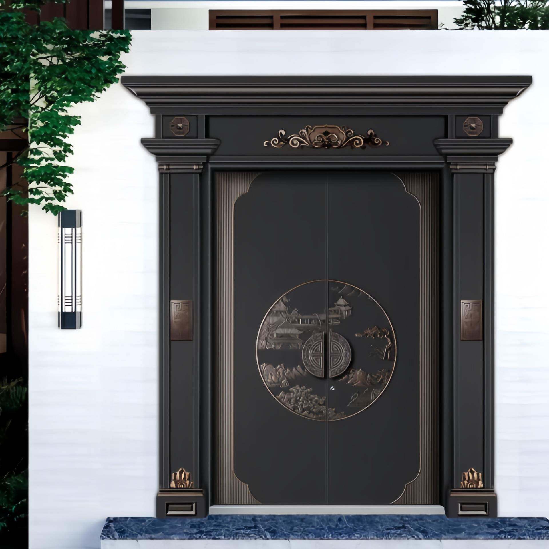 仿铜拉丝工艺别墅大门精雕滑盖拉手嵌入式指纹锁防盗门入户门