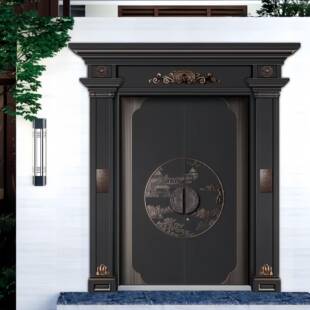 仿铜拉丝工艺别墅大门精雕滑盖拉手嵌入式指纹锁防盗门入户门