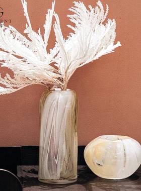 晶质淳仿瓷中古白色玉古玻璃花饰瓶新中HP233650式复古奶油风博架