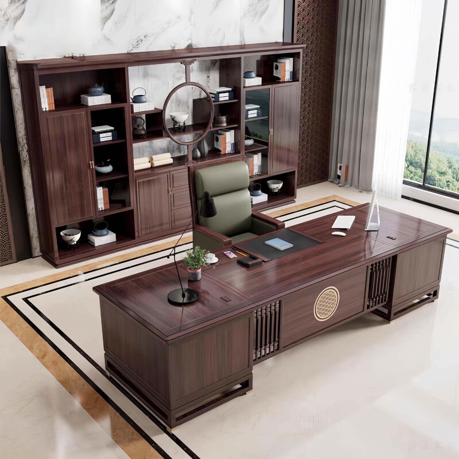 新中式实木办公椅组合现代简桌约乌金木办老板桌大班高台档851054