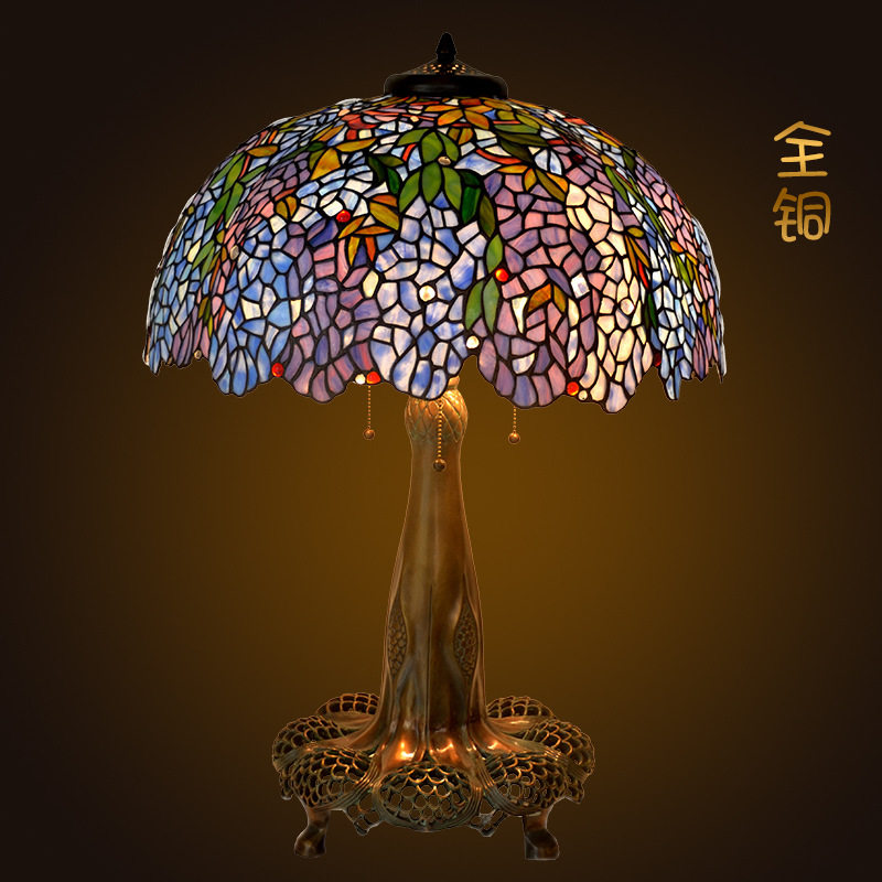 帝凡尼彩色玻璃全铜古董客厅台灯