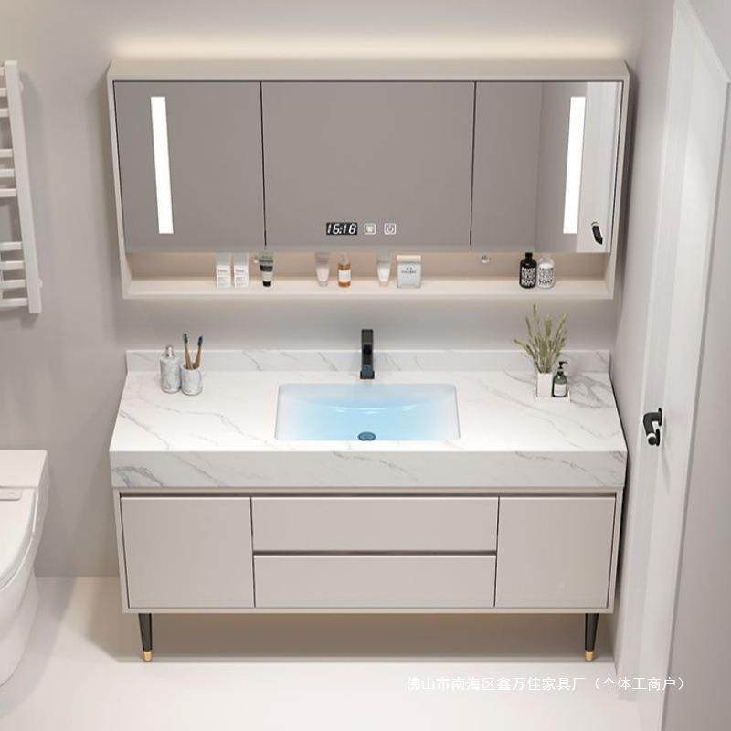 奶合油风浴室819柜组落地款岩板一体无缝盆卫生柜间洗手双洗漱盆