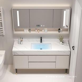 奶合油风浴室819柜组落地款岩板一体无缝盆卫生柜间洗手双洗漱盆