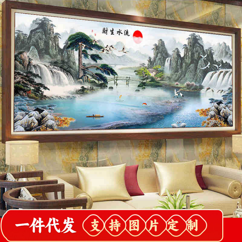 新款粘钻十字绣客厅山水画风景聚宝盆迎客松大幅流水生财5D钻石画