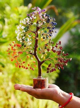 天碎然水晶石发财树水七居彩碎JJV石晶实木底座发财树家创意摆件