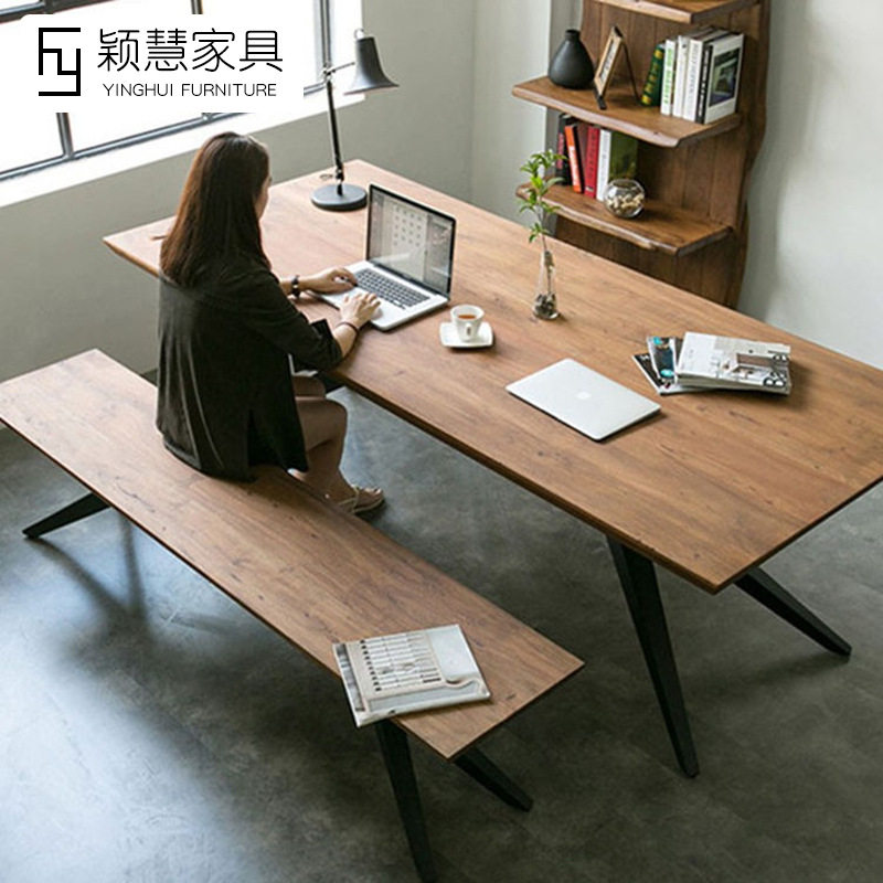 跨境北欧铁艺实木书桌椅组合会议桌设计师工作台创意办公桌子商务