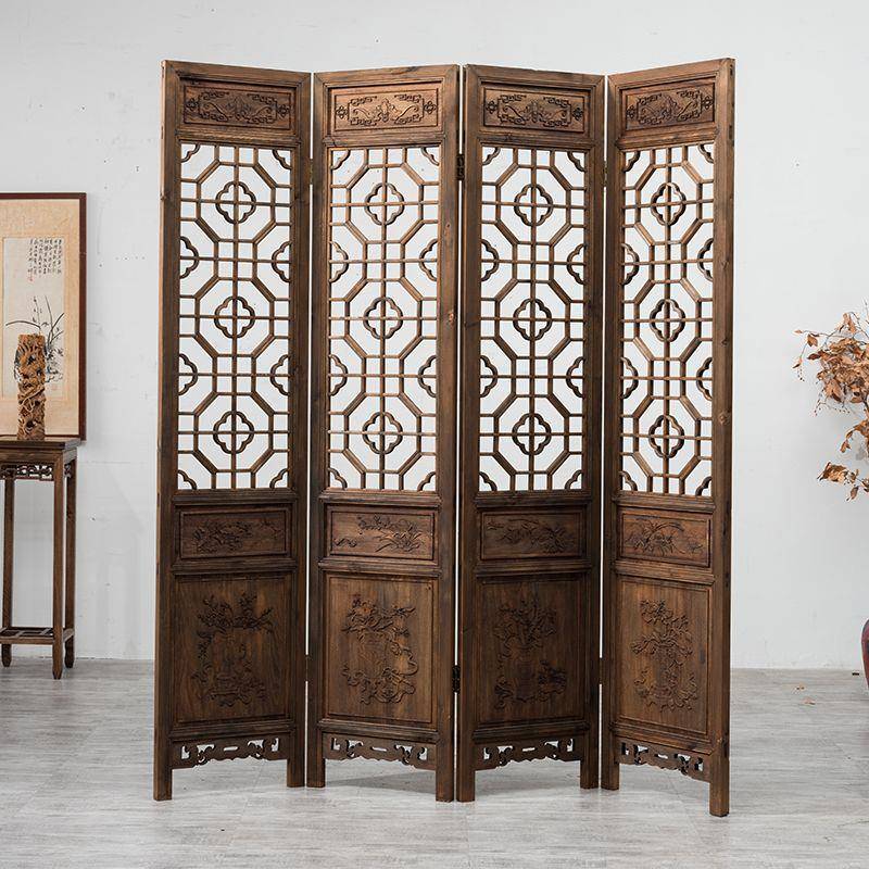 屏风复古折屏雕花中木国做OAI风玄关客厅新中式实仿古移旧动花格