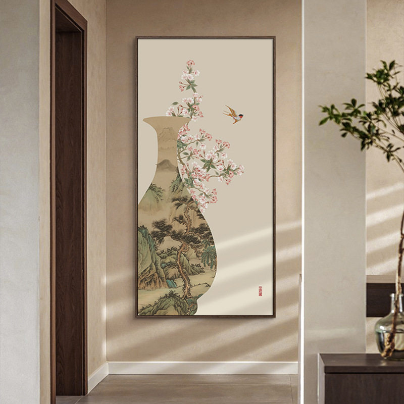 瓶安如意新中式竖版花鸟玄关画