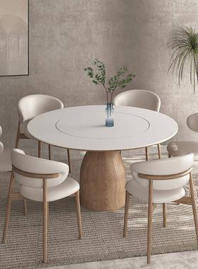 奶原家木油风岩板圆餐桌计用带转574盘白色饭桌设师日式实木餐桌
