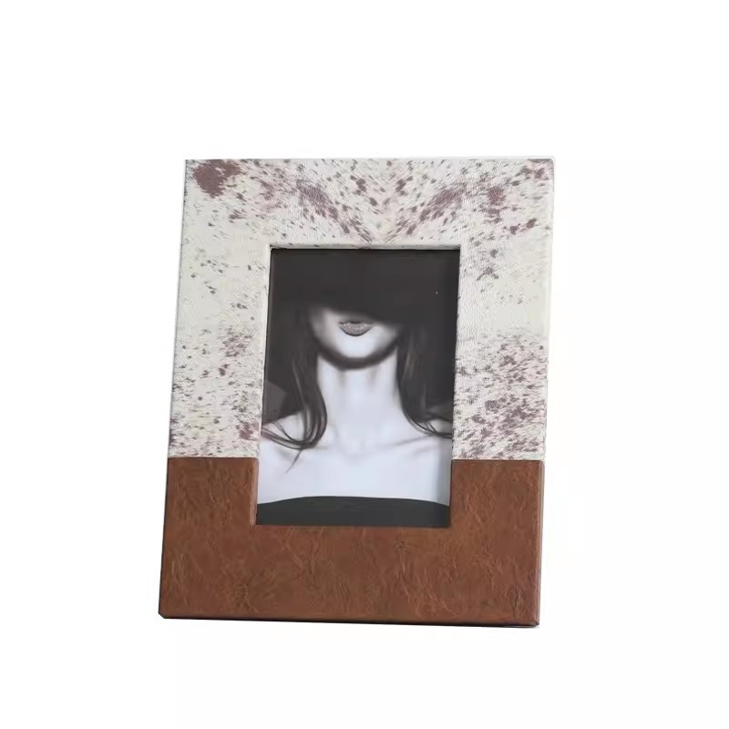 现代简约毛皮纹皮革黑拼棕拼相框客厅卧室样板间桌面茶几装饰摆件