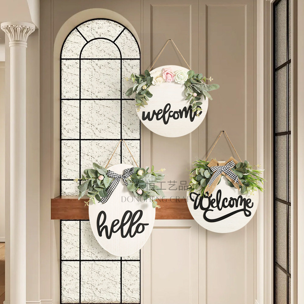 木牌装饰欢迎标志Hello前门圆形悬挂仿真花蝴蝶结农舍木质门挂牌