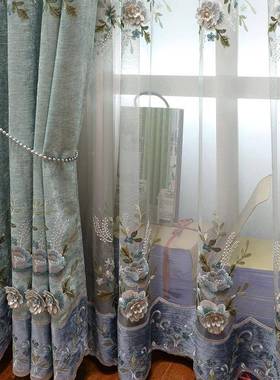 美梦莎厚雪尼尔加绣花窗帘布卧丝室孩房韩式窗ITW帘布料绿女色新