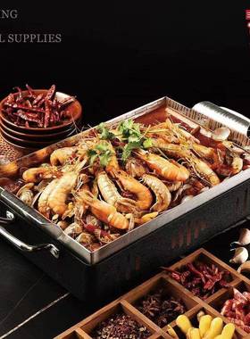 不锈钢竹纹烤烧鱼炉33790商用固酒精烤咖鱼盘体海鲜大小龙虾盆烤