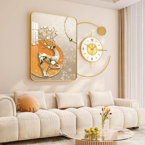 现代风客厅装沙饰发壁挂品铁艺50385晶瓷饰画挂背影墙画上钟挂表