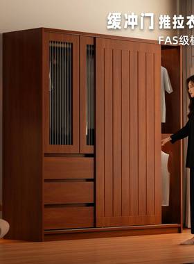 推复实木衣柜拉门主卧间家用E古NF级85全实木房橡木中古风储物柜