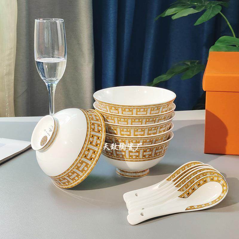 色马拉车六碗六勺套轻奢金边碗勺装骨碗餐金具瓷家用套装送礼碗勺,餐饮具,碗,淘宝优惠券,粉丝福利购,淘宝优惠卷