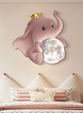 简约月挂钟卧室钟挂墙儿童OYH房装饰画卡球通象女孩床头挂表画时