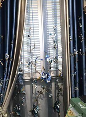 精仿真丝新中式色牡红丹花蓝色牡花高密刺绣窗帘牡丹丹绣DSS花纱