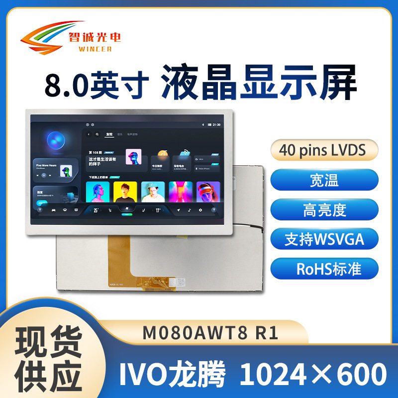 8寸液晶显示屏1024*600车载液晶屏中控屏TN龙腾M080AWT8R1