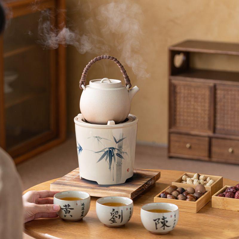 手绘草木灰煮茶器提梁壶侧把壶炭火煮茶壶木炭煮茶炉套装仿古