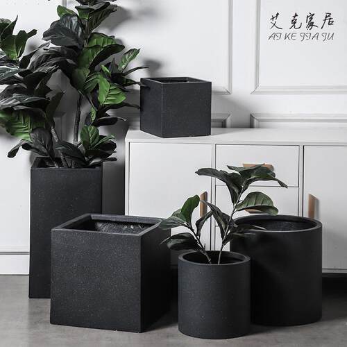 北欧风格镁泥大口径圆形花盆带托盘高档绿植北欧客厅落地大花盆