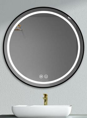 圆形浴室智能镜子黑色铝合金包边内发光浴室除雾壁挂LED智能镜